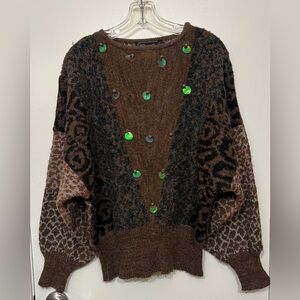Vtg  Rochelle California Sweater XL Tribal Patchwork Knit Sequin Balloon Sleeve